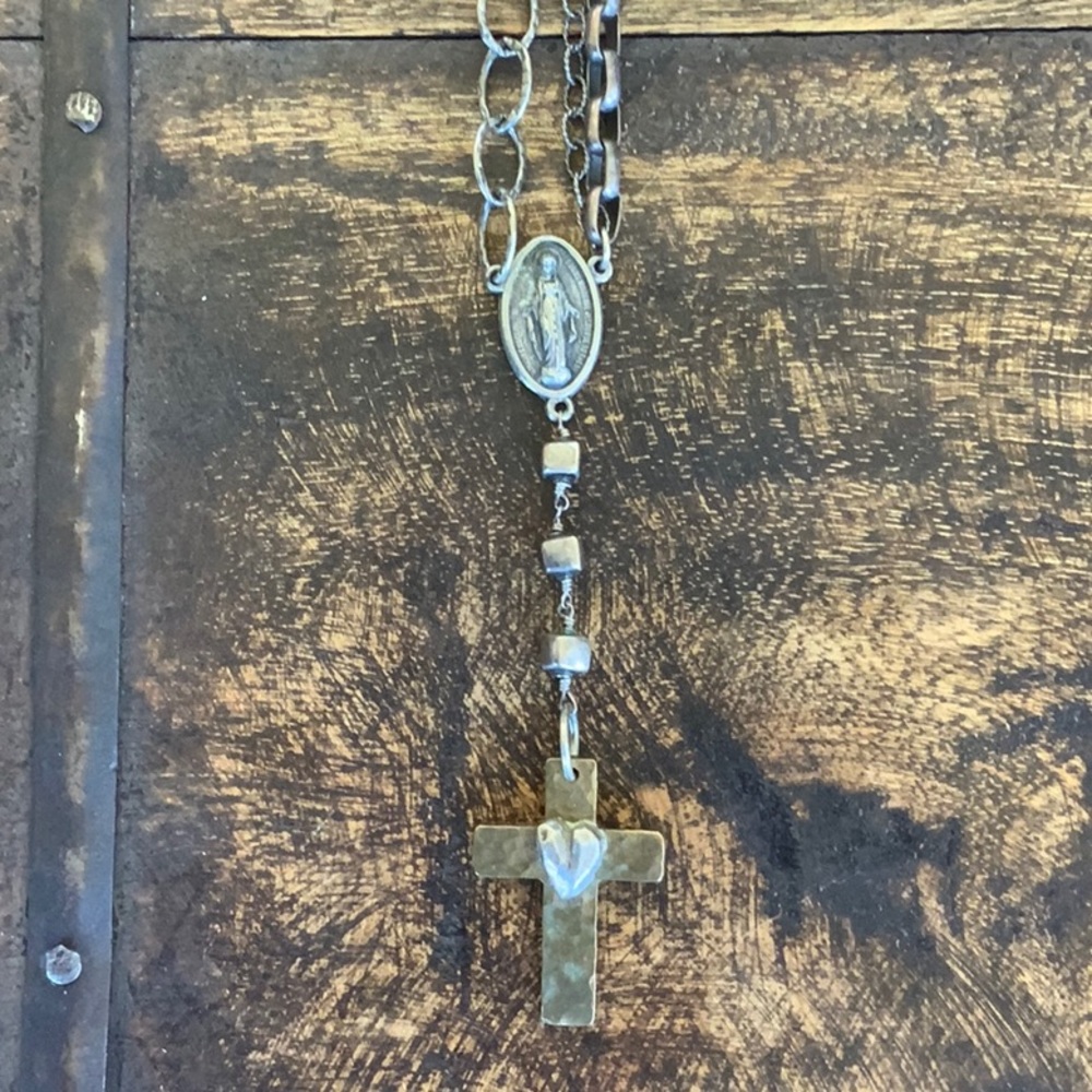 Madonna Medallion with Gold Heart Cross Necklace
